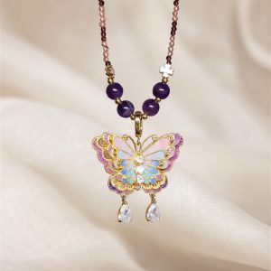 Amethyst and cloisonne butterfly necklace with enamel detail